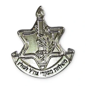 סיכת מתכת של משלחת מפקדי צה"ל לפולין עם סמל מגן דוד, לפיד וענף זית