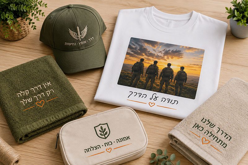 מוצרי רקמה והדפסה מוגמרים של דגמ"ח אדלר - כובעים ומגבות רקומים לצד חולצות מודפסות